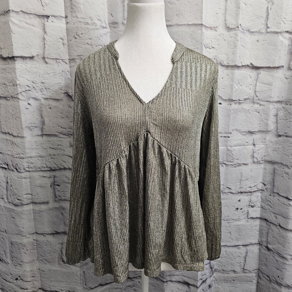 Kim & Cami Shimmering Gold/Silver V-Neck Metallic Blouse